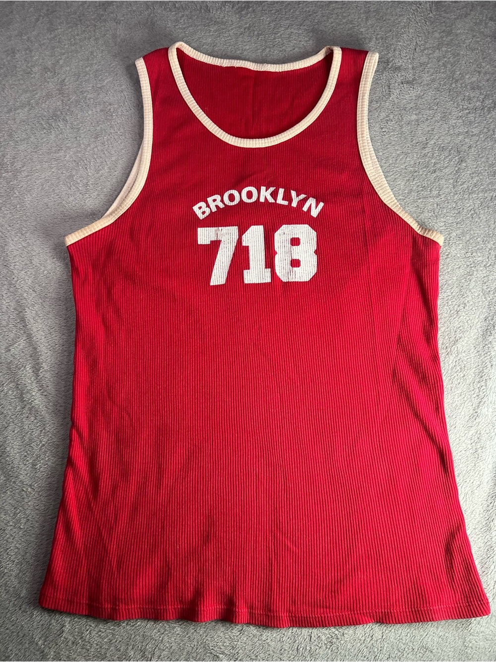Vintage Y2K Red 'Brooklyn 718' Ribbed Tank with Cream Trim